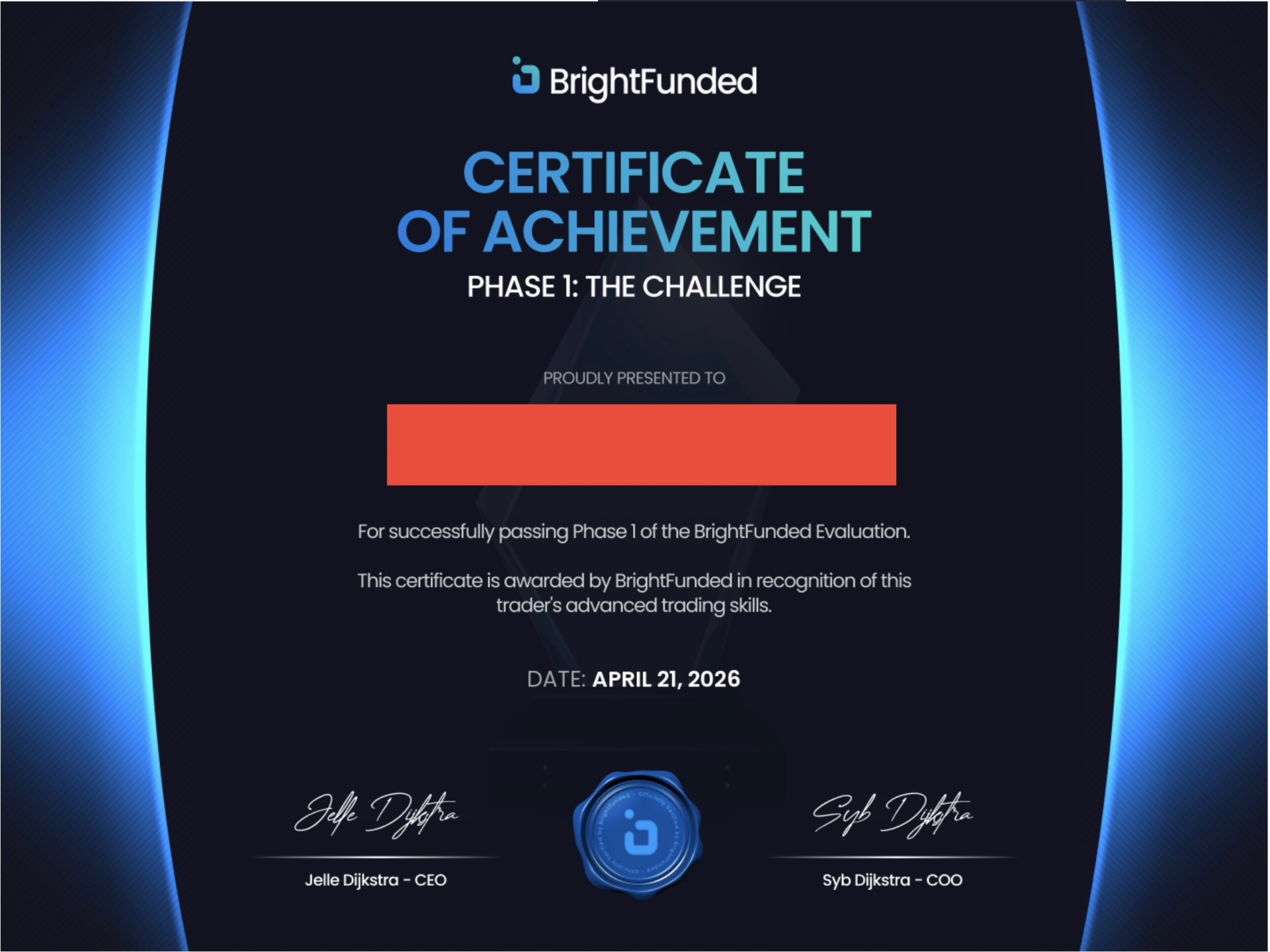 BrightFunded certificate